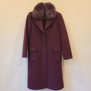 Milia Paris Womens Overcoat Skirt Suit Set Maroon Size 44 Fur Collar Long